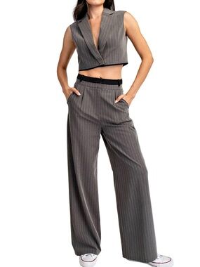 Edit By Nine Tailored Pinstripe Wide-Leg Pants & Vest Set - Gray